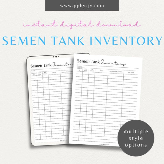 Cattle Semen Tank Inventory Printable Template – Digital download for managing and tracking the contents and usage of cattle semen tanks, including straws, dates, and storage details