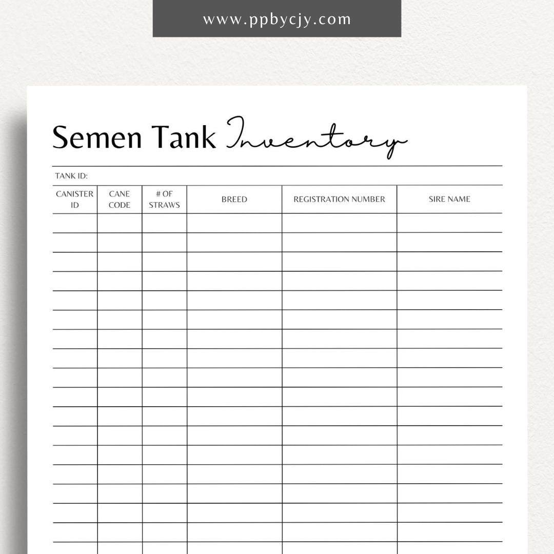 Cattle Semen Tank Inventory Printable Template – Digital download for managing and tracking the contents and usage of cattle semen tanks, including straws, dates, and storage details