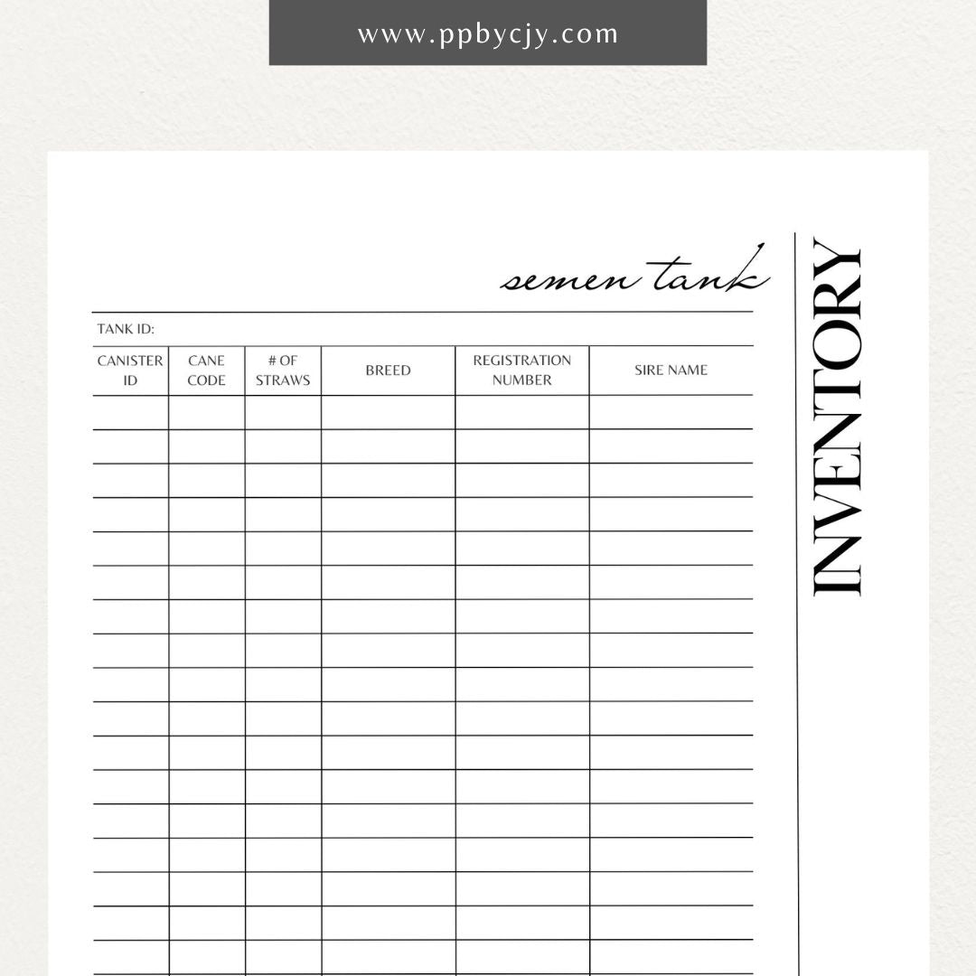 Cattle Semen Tank Inventory Printable Template – Digital download for managing and tracking the contents and usage of cattle semen tanks, including straws, dates, and storage details