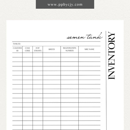 Cattle Semen Tank Inventory Printable Template – Digital download for managing and tracking the contents and usage of cattle semen tanks, including straws, dates, and storage details