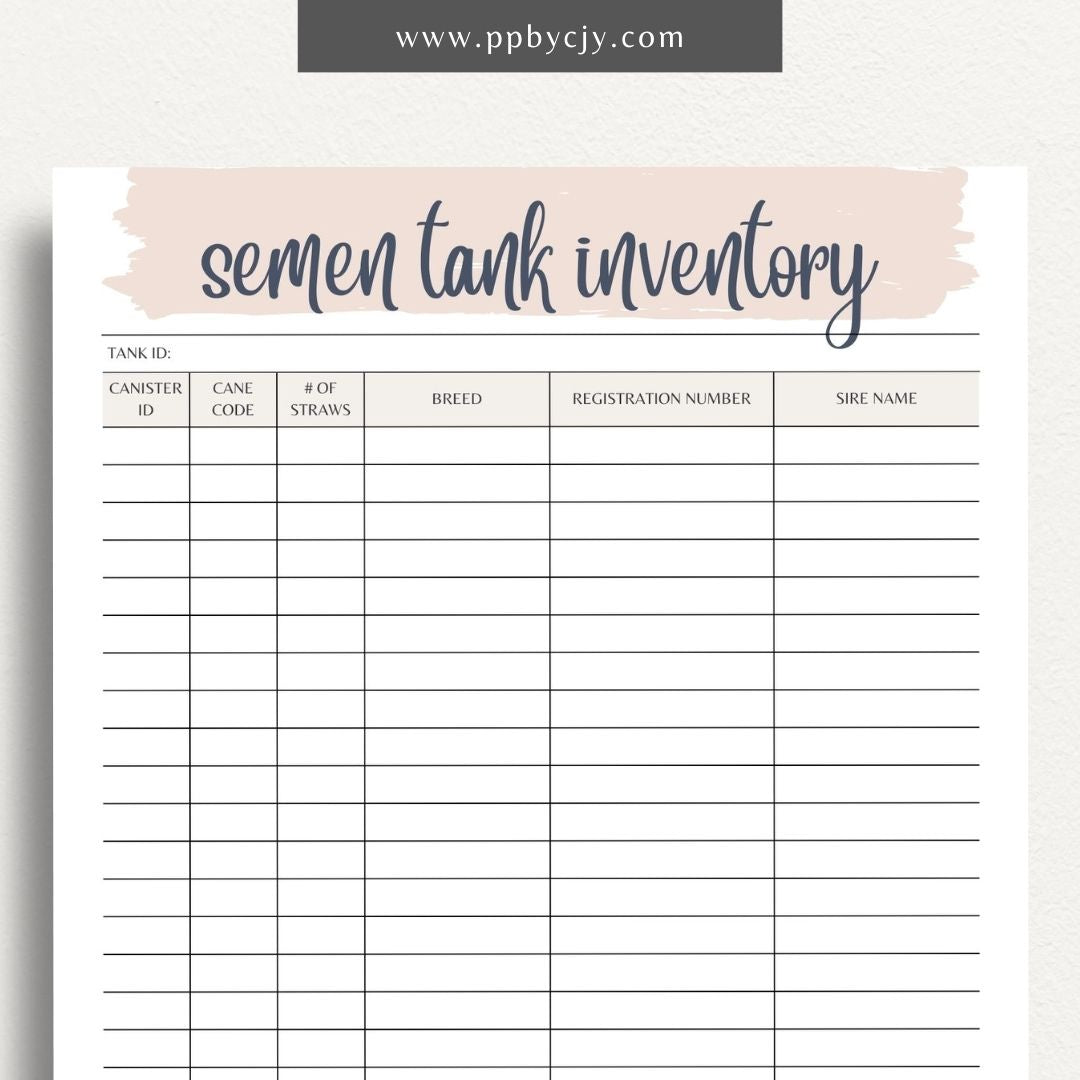 Cattle Semen Tank Inventory Printable Template – Digital download for managing and tracking the contents and usage of cattle semen tanks, including straws, dates, and storage details