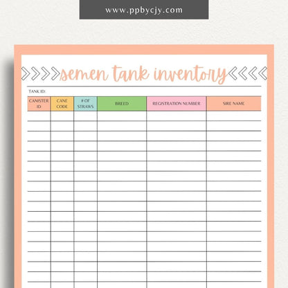 Cattle Semen Tank Inventory Printable Template – Digital download for managing and tracking the contents and usage of cattle semen tanks, including straws, dates, and storage details