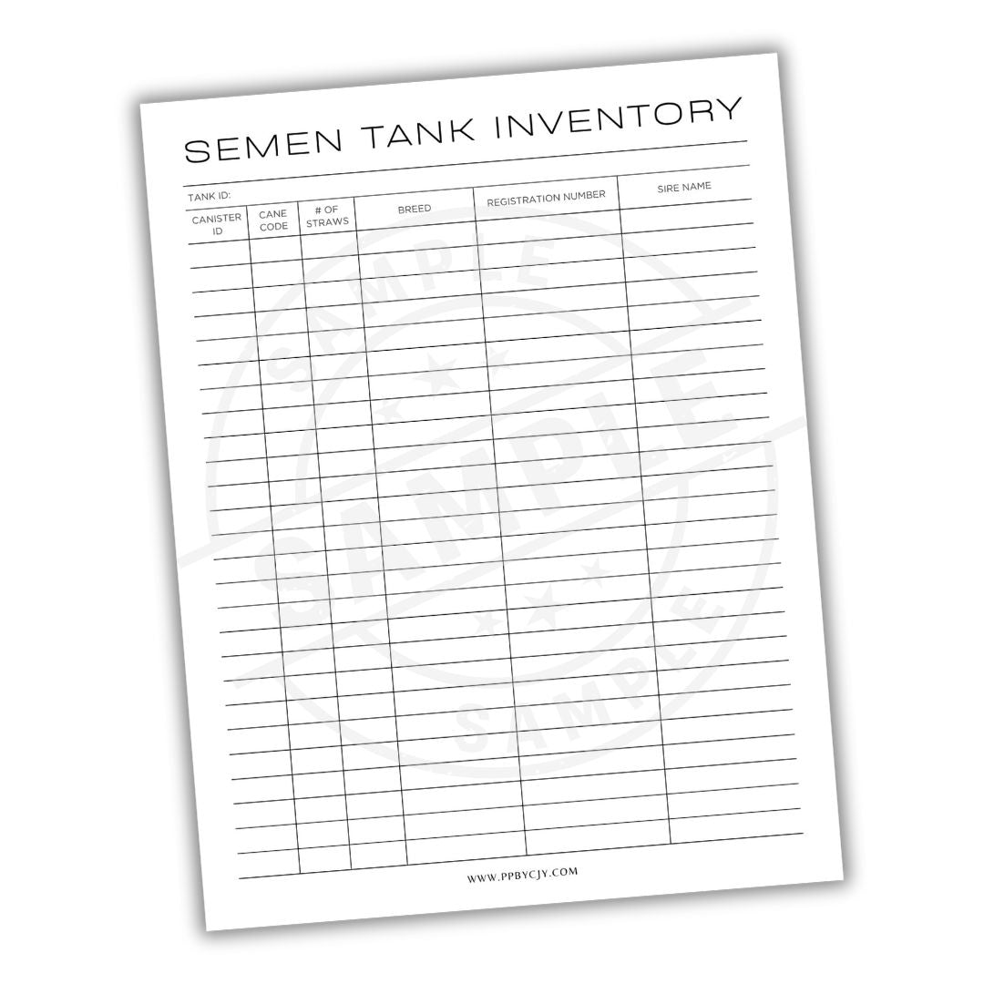 Semen tank inventory sheet with a grid layout on a white background