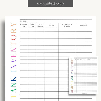 Cattle Semen Tank Inventory Printable Template – Digital download for managing and tracking the contents and usage of cattle semen tanks, including straws, dates, and storage details