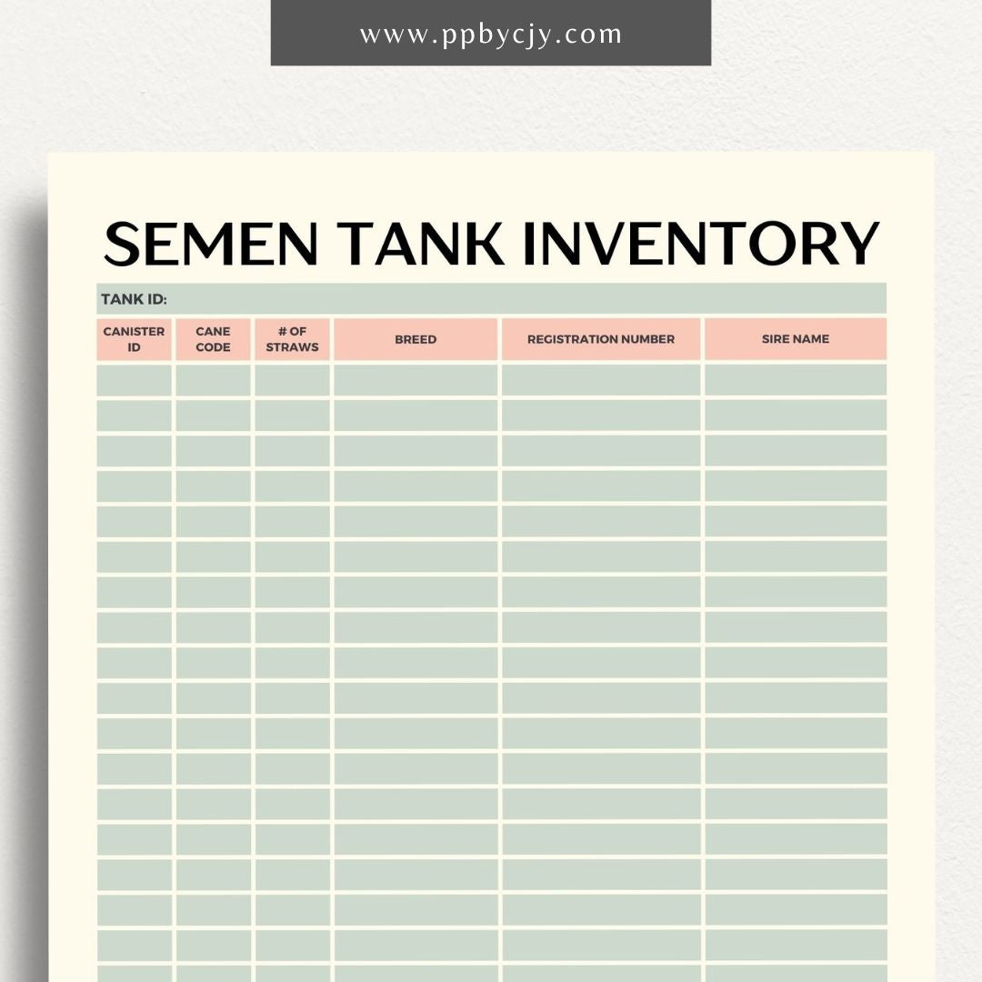 Cattle Semen Tank Inventory Printable Template – Digital download for managing and tracking the contents and usage of cattle semen tanks, including straws, dates, and storage details