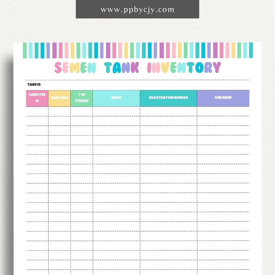 Cattle Semen Tank Inventory Printable Template – Digital download for managing and tracking the contents and usage of cattle semen tanks, including straws, dates, and storage details