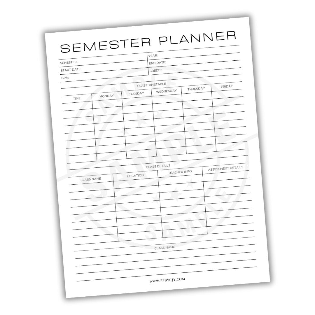 Semester planner sheet with time slots and class details on a white background