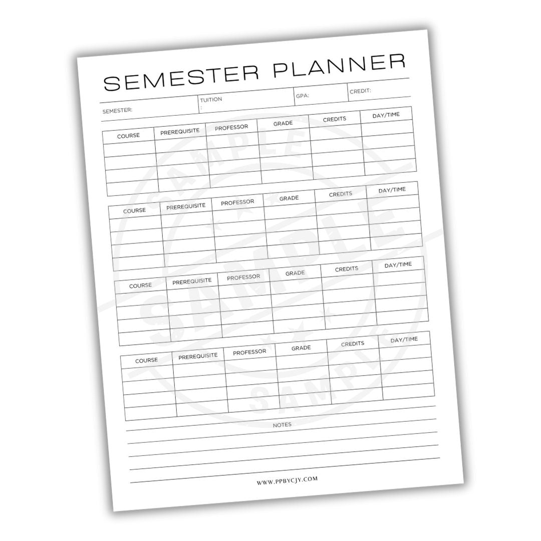 Semester planner sheet with columns for tuition, grade, credits, and daytime on a white background.