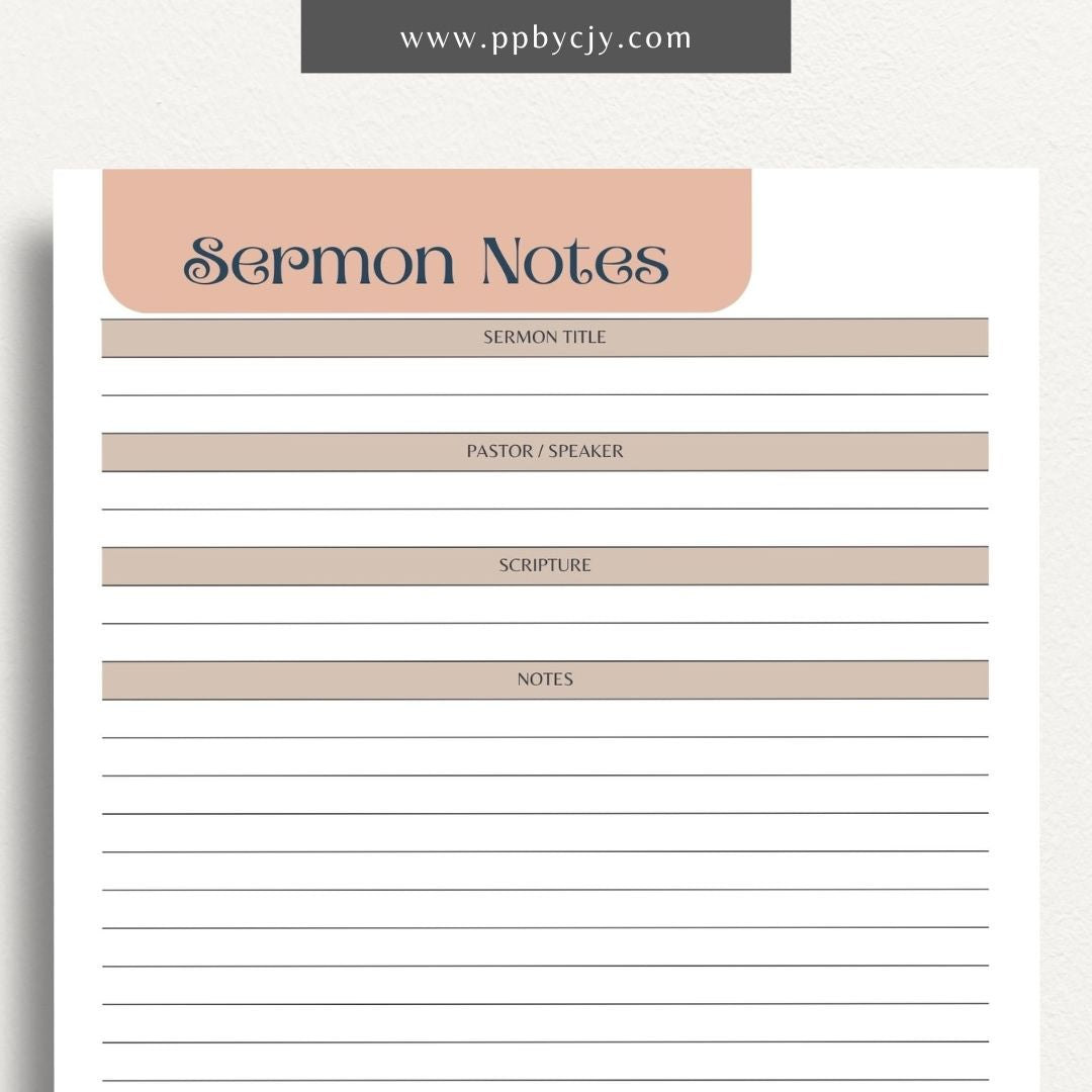 Sermon Notes Printable Template – Digital Download for Recording Sermon Details with sections for date, speaker, key points, and personal reflections.