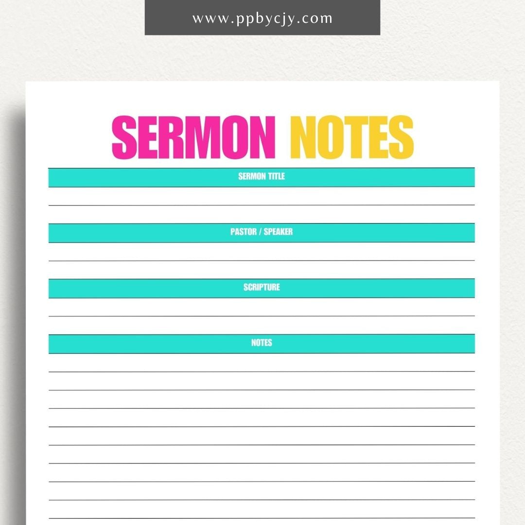 Sermon Notes Printable Template – Digital Download for Recording Sermon Details with sections for date, speaker, key points, and personal reflections.