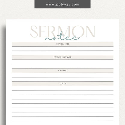 Sermon Notes Printable Template – Digital Download for Recording Sermon Details with sections for date, speaker, key points, and personal reflections.