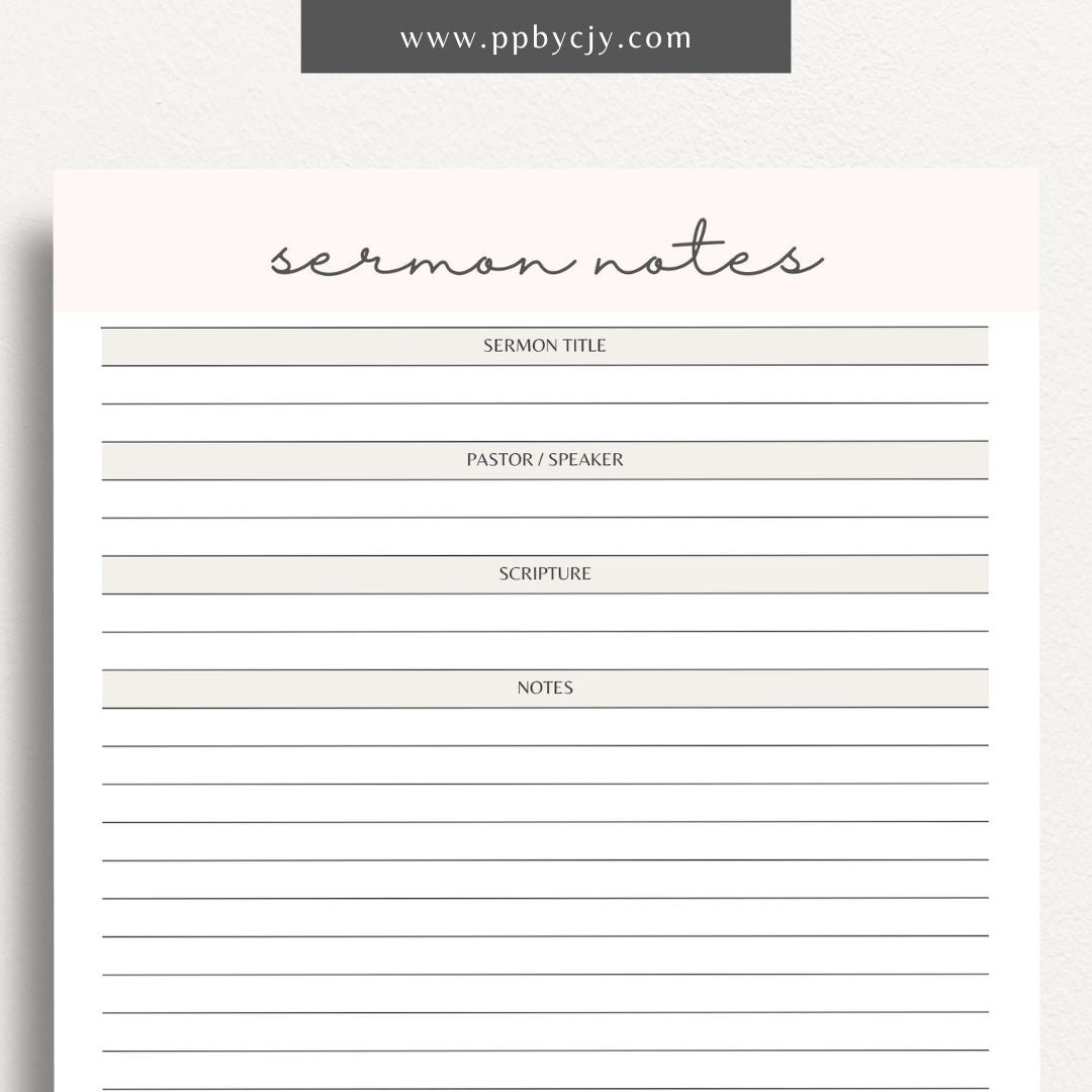 Sermon Notes Printable Template – Digital Download for Recording Sermon Details with sections for date, speaker, key points, and personal reflections.