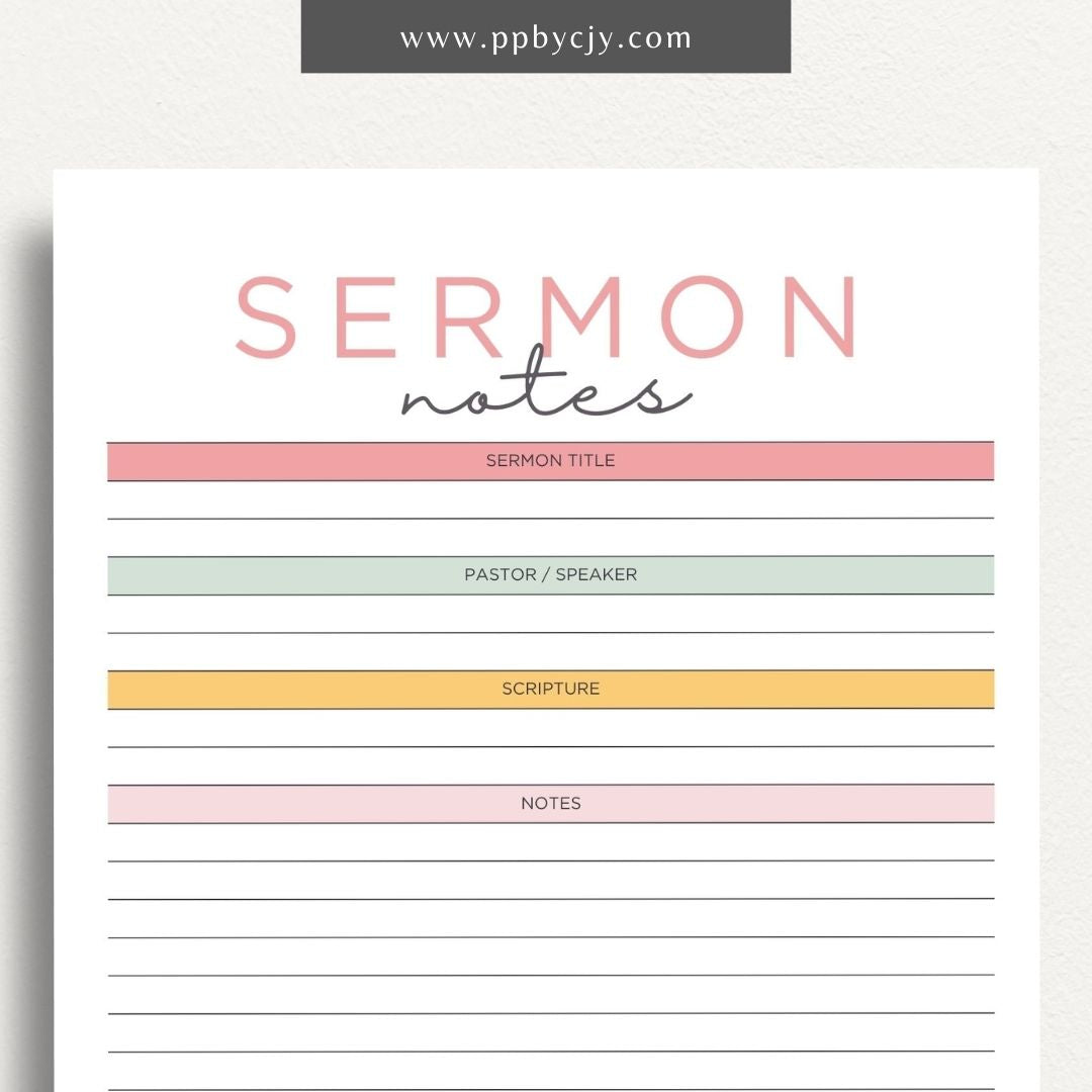 Sermon Notes Printable Template – Digital Download for Recording Sermon Details with sections for date, speaker, key points, and personal reflections.