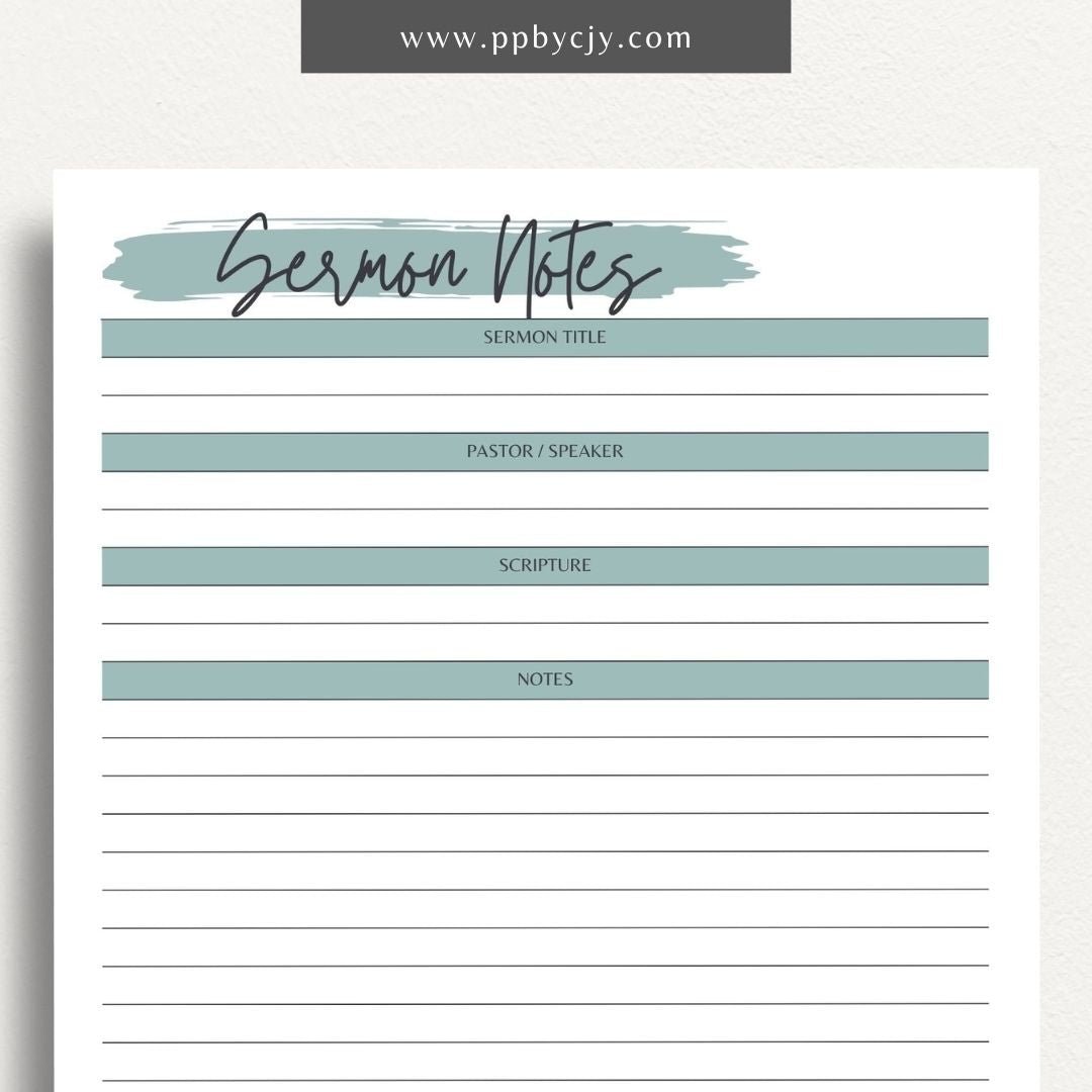 Sermon Notes Printable Template – Digital Download for Recording Sermon Details with sections for date, speaker, key points, and personal reflections.