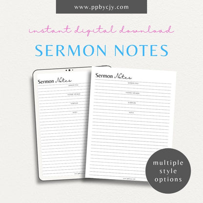 Sermon Notes Printable Template – Digital Download for Recording Sermon Details with sections for date, speaker, key points, and personal reflections.