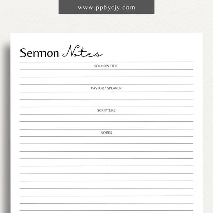 Sermon Notes Printable Template – Digital Download for Recording Sermon Details with sections for date, speaker, key points, and personal reflections.