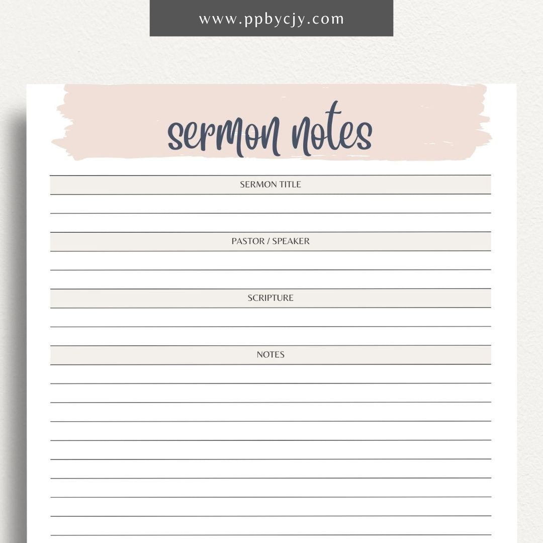 Sermon Notes Printable Template – Digital Download for Recording Sermon Details with sections for date, speaker, key points, and personal reflections.