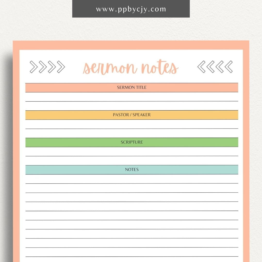 Sermon Notes Printable Template – Digital Download for Recording Sermon Details with sections for date, speaker, key points, and personal reflections.