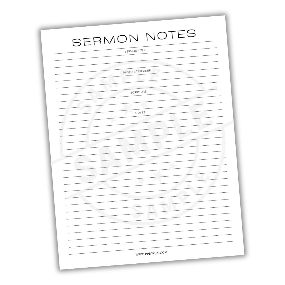 Sermon notes sheet with columns for sermon title, preacher/spokesperson, scripture, and notes on a white background.