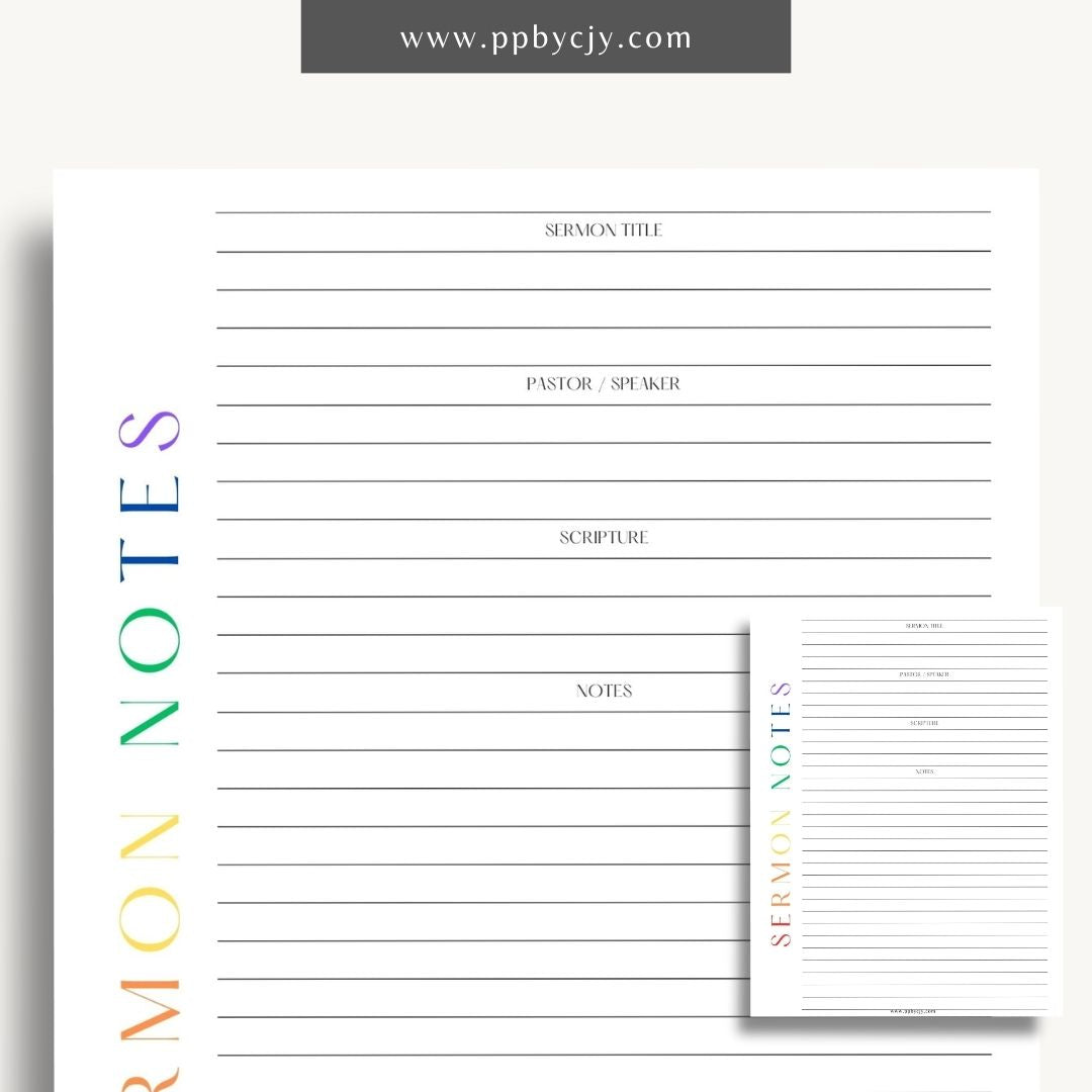 Sermon Notes Printable Template – Digital Download for Recording Sermon Details with sections for date, speaker, key points, and personal reflections.