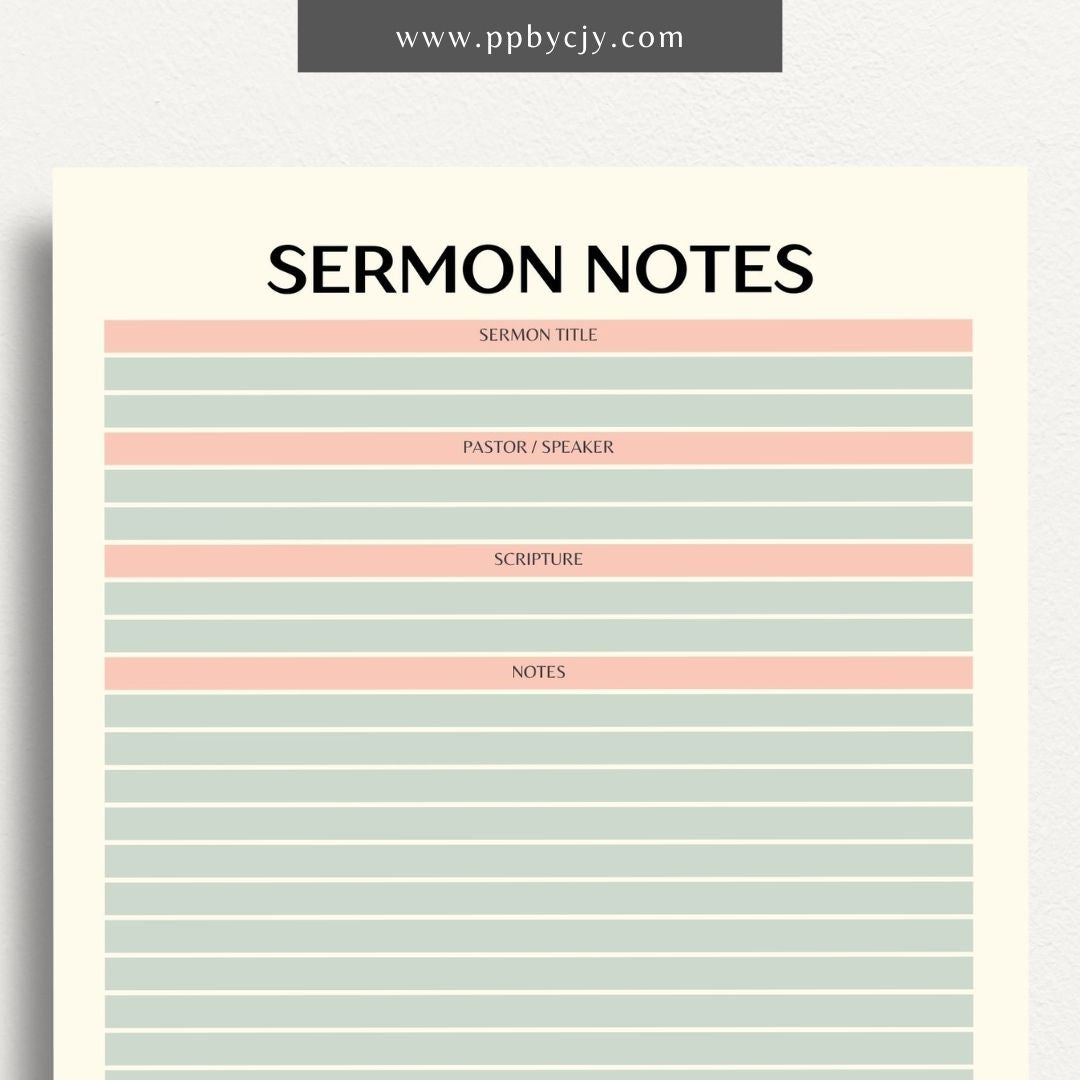 Sermon Notes Printable Template – Digital Download for Recording Sermon Details with sections for date, speaker, key points, and personal reflections.