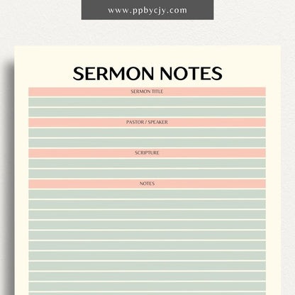 Sermon Notes Printable Template – Digital Download for Recording Sermon Details with sections for date, speaker, key points, and personal reflections.