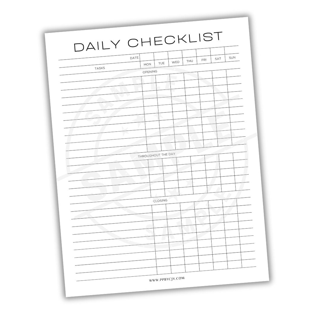 Daily checklist sheet with a grid layout on a white background