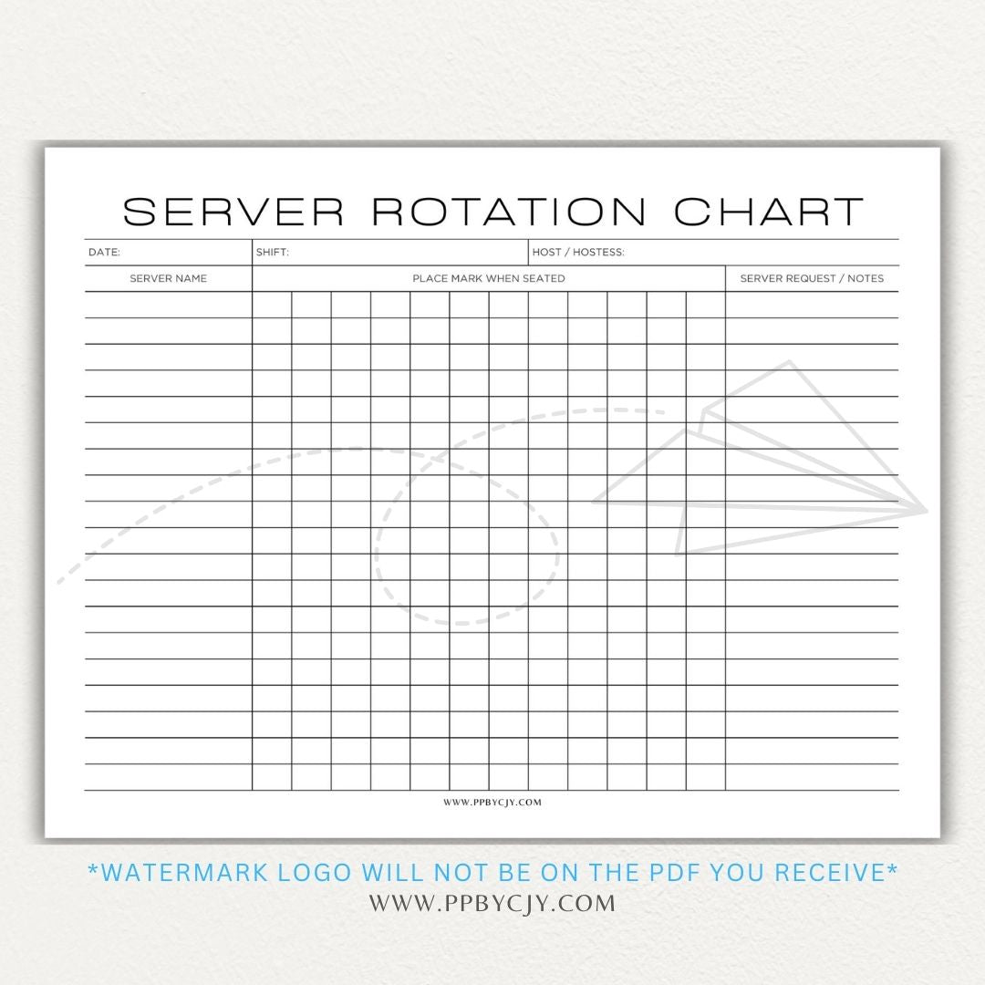 Restaurant Server Rotation Chart Printable PDF Template for tracking and organizing server table assignments for efficient service.

