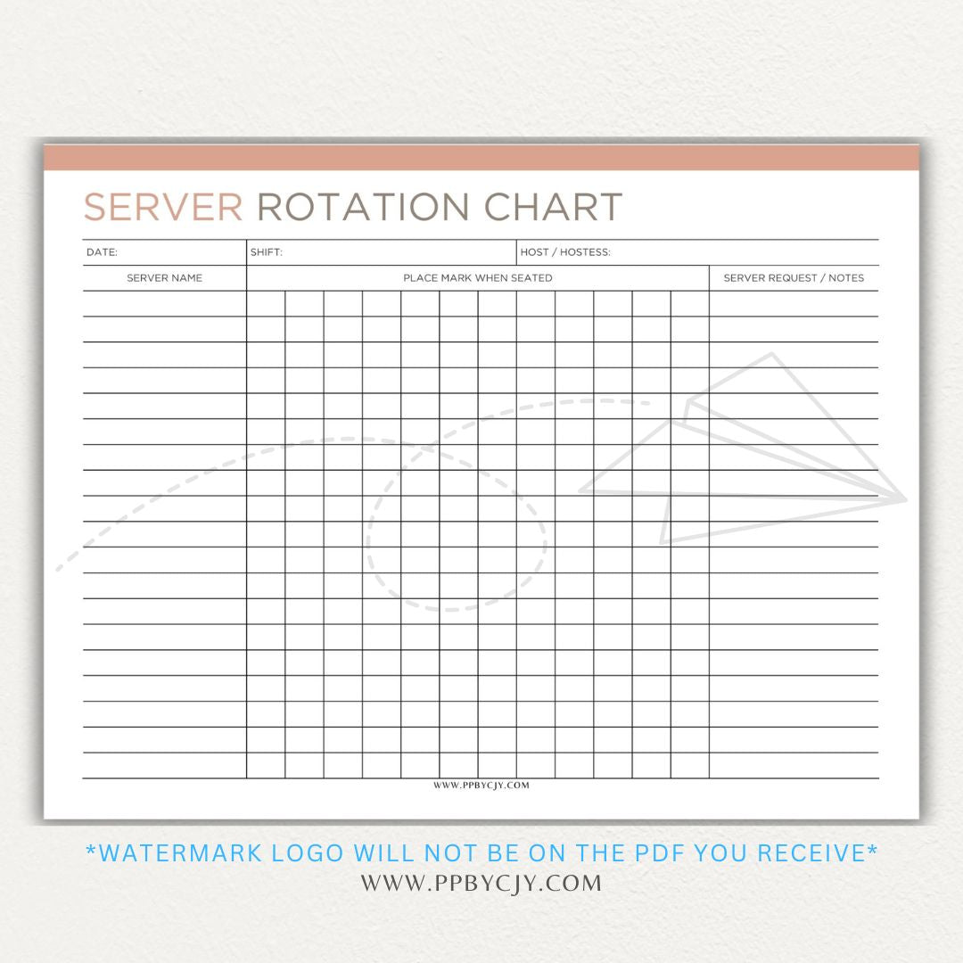 Restaurant Server Rotation Chart Printable PDF Template for tracking and organizing server table assignments for efficient service.

