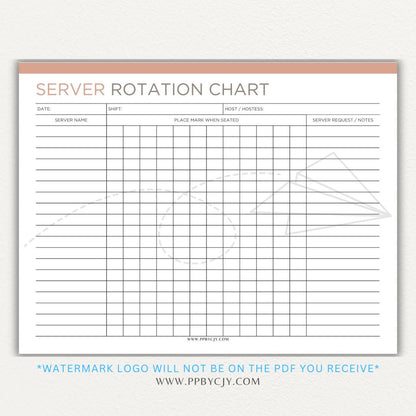 Restaurant Server Rotation Chart Printable PDF Template for tracking and organizing server table assignments for efficient service.

