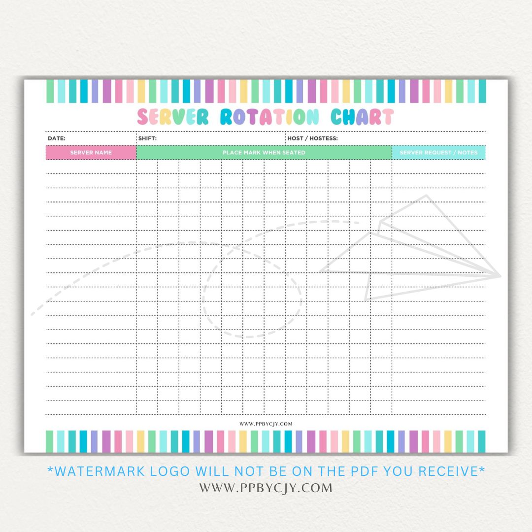 Restaurant Server Rotation Chart Printable PDF Template for tracking and organizing server table assignments for efficient service.

