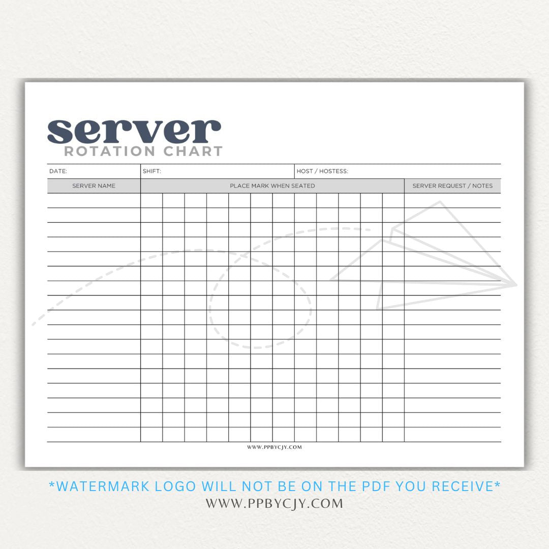 Restaurant Server Rotation Chart Printable PDF Template for tracking and organizing server table assignments for efficient service.

