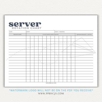 Restaurant Server Rotation Chart Printable PDF Template for tracking and organizing server table assignments for efficient service.

