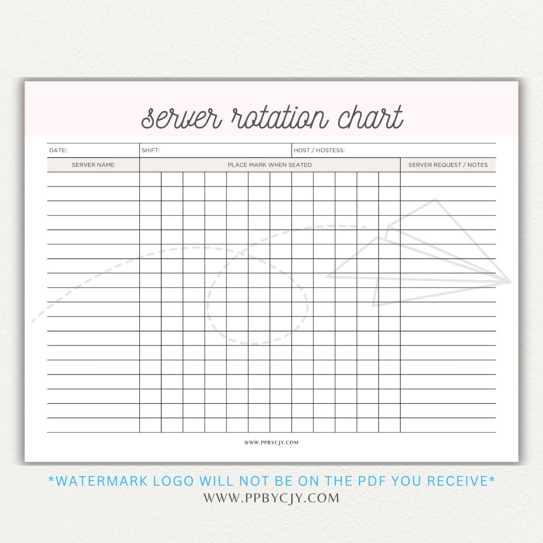 Restaurant Server Rotation Chart Printable PDF Template for tracking and organizing server table assignments for efficient service.

