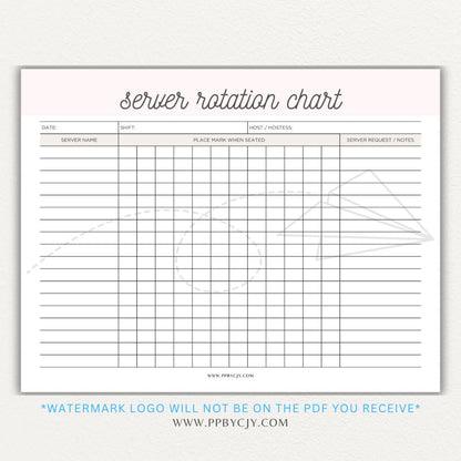 Restaurant Server Rotation Chart Printable PDF Template for tracking and organizing server table assignments for efficient service.

