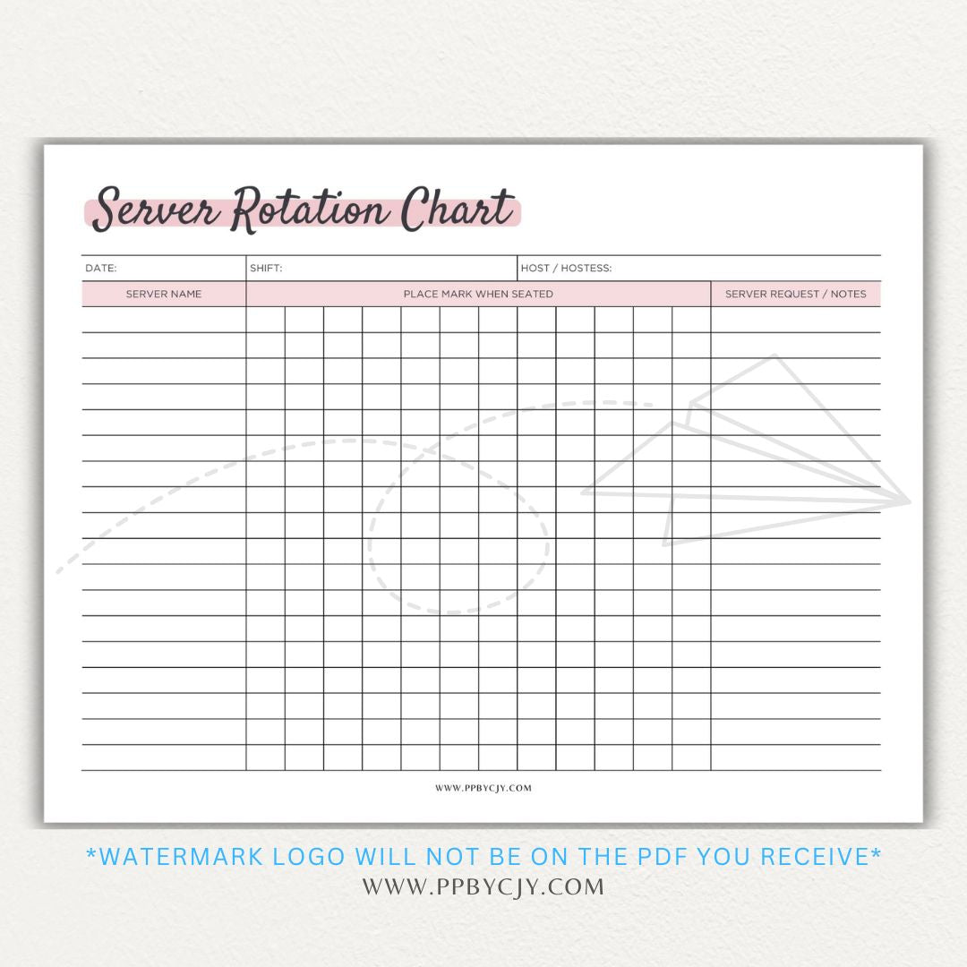 Restaurant Server Rotation Chart Printable PDF Template for tracking and organizing server table assignments for efficient service.

