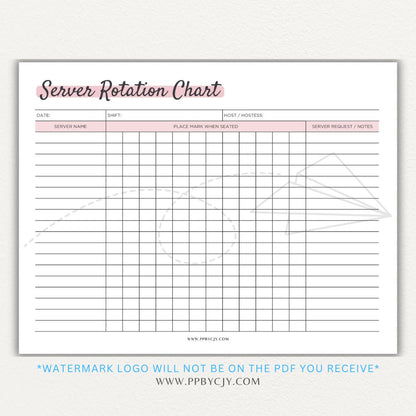 Restaurant Server Rotation Chart Printable PDF Template for tracking and organizing server table assignments for efficient service.

