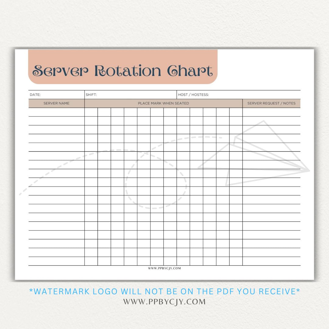 Restaurant Server Rotation Chart Printable PDF Template for tracking and organizing server table assignments for efficient service.

