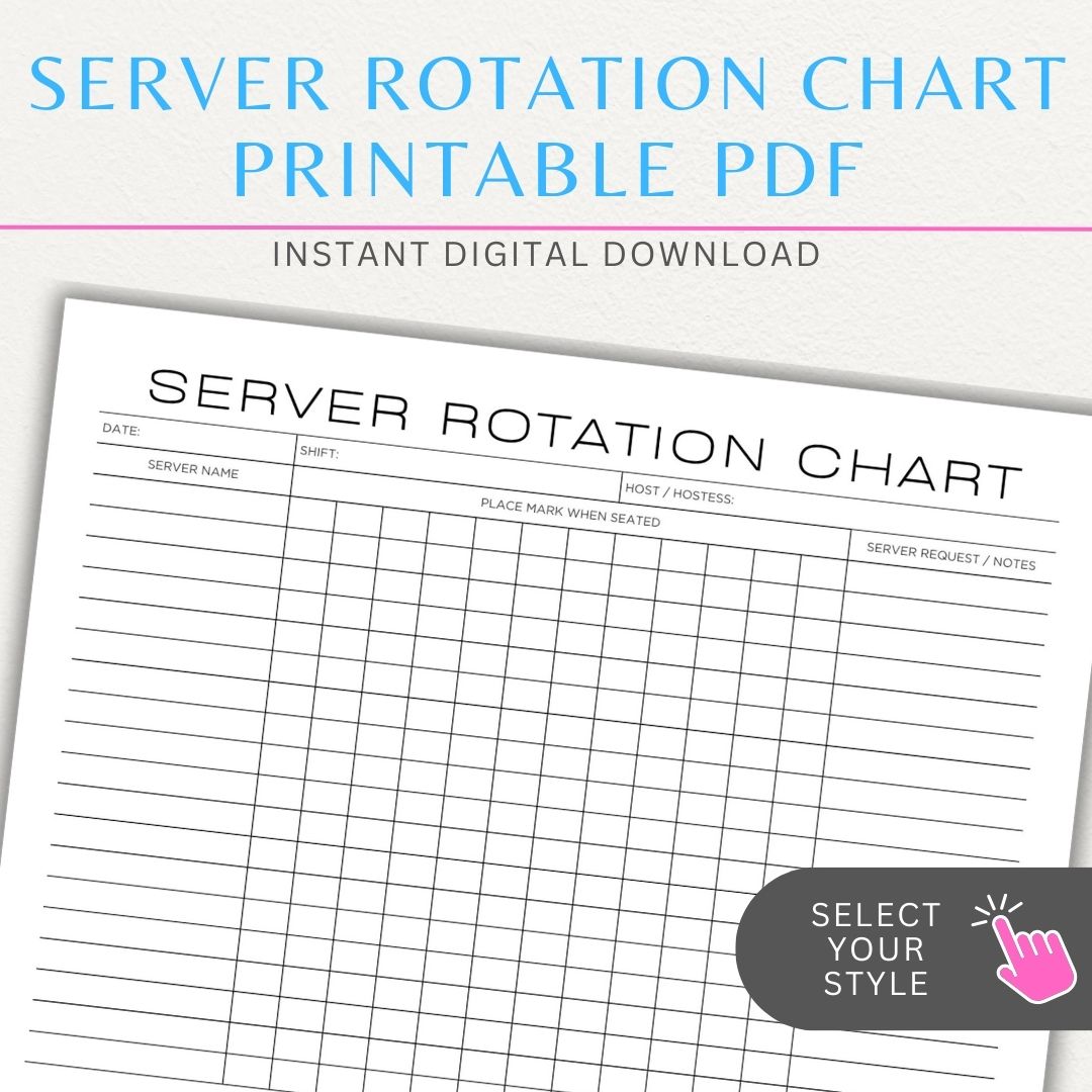 Restaurant Server Rotation Chart Printable PDF Template for tracking and organizing server table assignments for efficient service.

