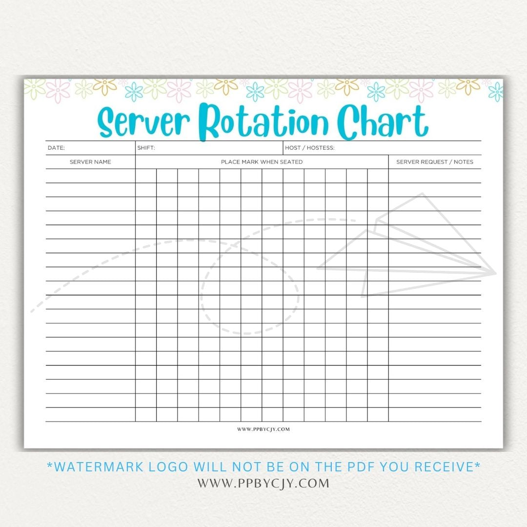 Restaurant Server Rotation Chart Printable PDF Template for tracking and organizing server table assignments for efficient service.

