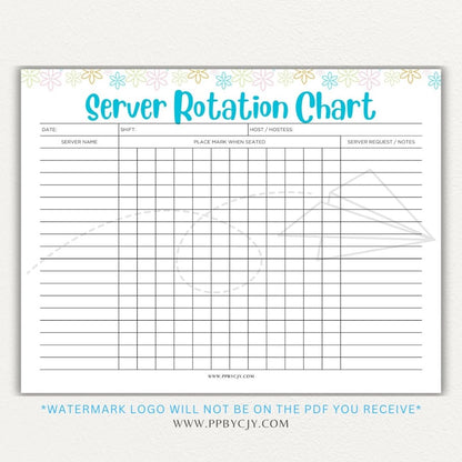 Restaurant Server Rotation Chart Printable PDF Template for tracking and organizing server table assignments for efficient service.

