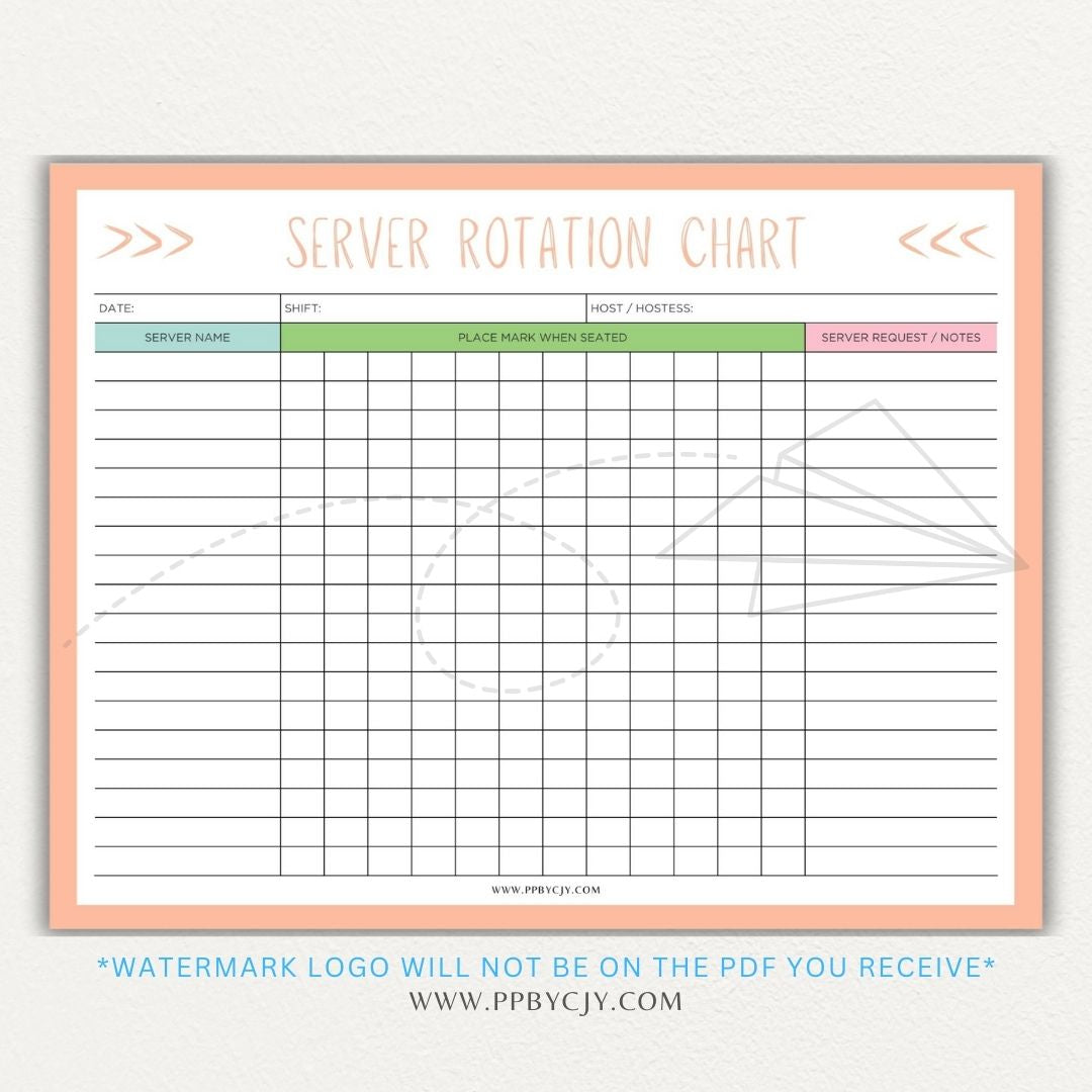 Restaurant Server Rotation Chart Printable PDF Template for tracking and organizing server table assignments for efficient service.

