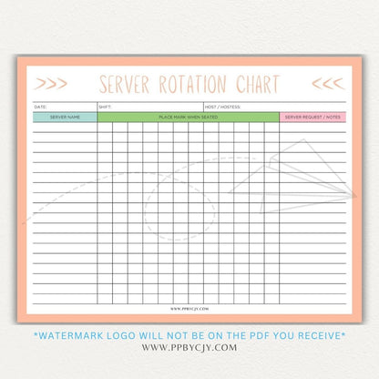 Restaurant Server Rotation Chart Printable PDF Template for tracking and organizing server table assignments for efficient service.

