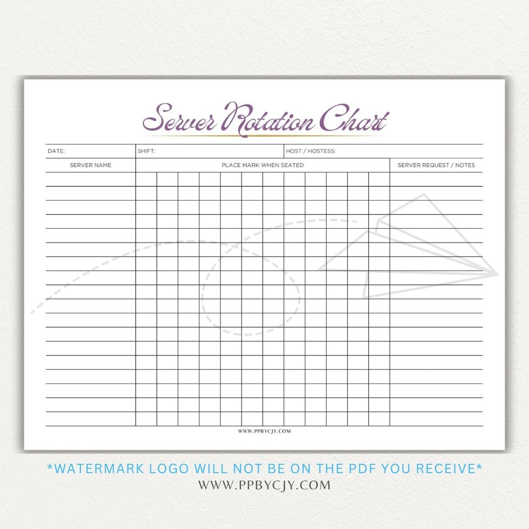 Restaurant Server Rotation Chart Printable PDF Template for tracking and organizing server table assignments for efficient service.

