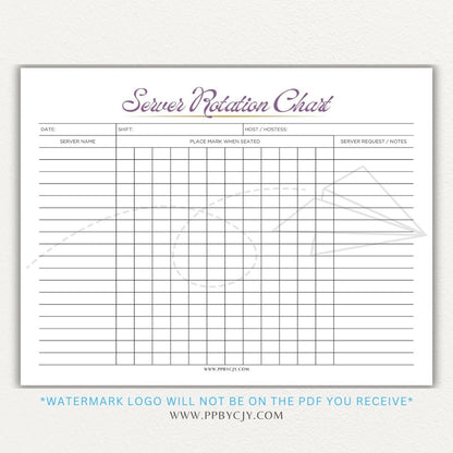 Restaurant Server Rotation Chart Printable PDF Template for tracking and organizing server table assignments for efficient service.

