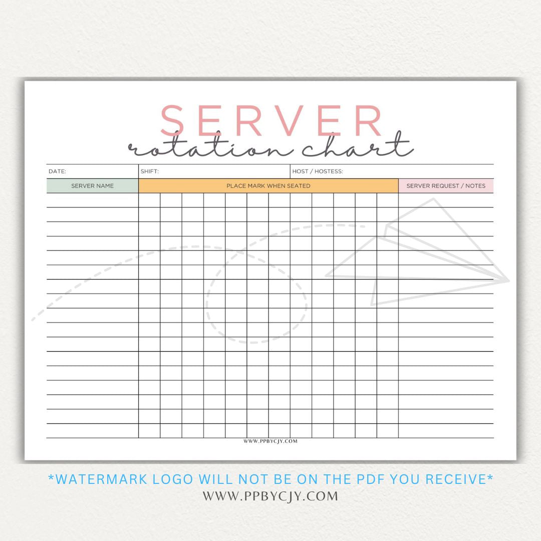 Restaurant Server Rotation Chart Printable PDF Template for tracking and organizing server table assignments for efficient service.

