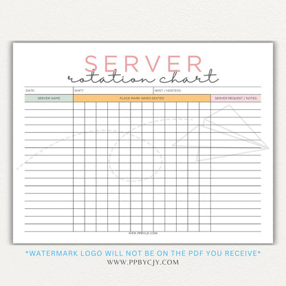 Restaurant Server Rotation Chart Printable PDF Template for tracking and organizing server table assignments for efficient service.

