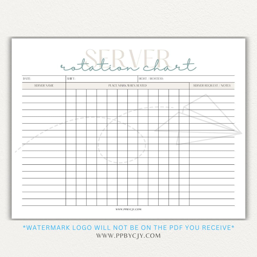 Restaurant Server Rotation Chart Printable PDF Template for tracking and organizing server table assignments for efficient service.

