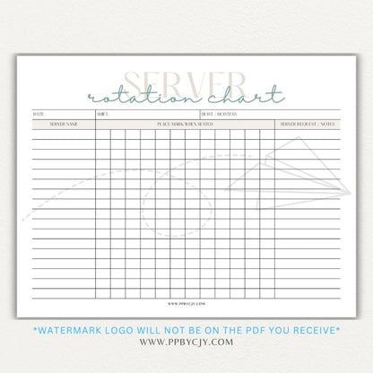 Restaurant Server Rotation Chart Printable PDF Template for tracking and organizing server table assignments for efficient service.

