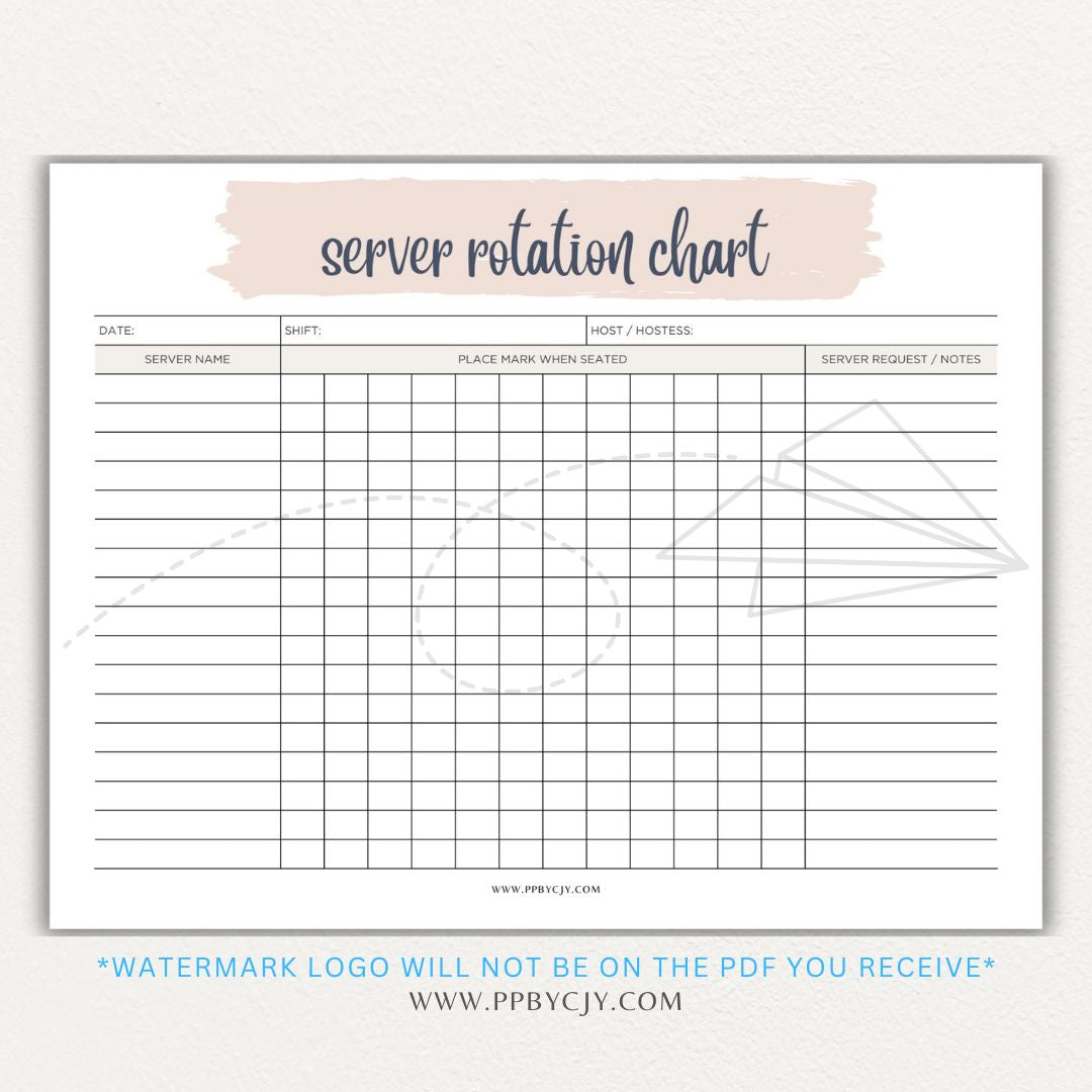 Restaurant Server Rotation Chart Printable PDF Template for tracking and organizing server table assignments for efficient service.

